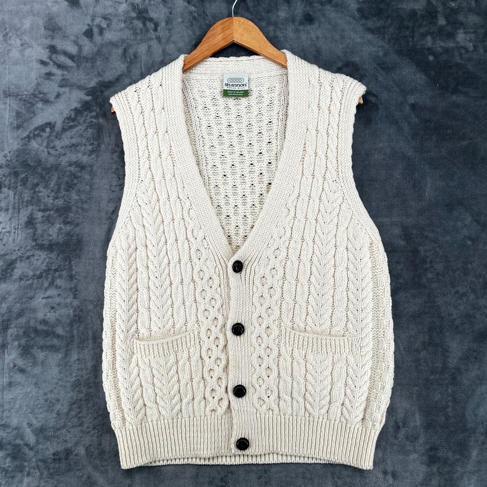 VTG Shannon Woolen Mills Sweater Vest Women's Large Ivory Cable Knit Merino Wool